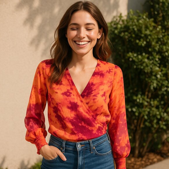 Bar III Tie Dye Wrap Blouse Pink Orange Long Sleeve Sheer Size Size S - Picture 1 of 8